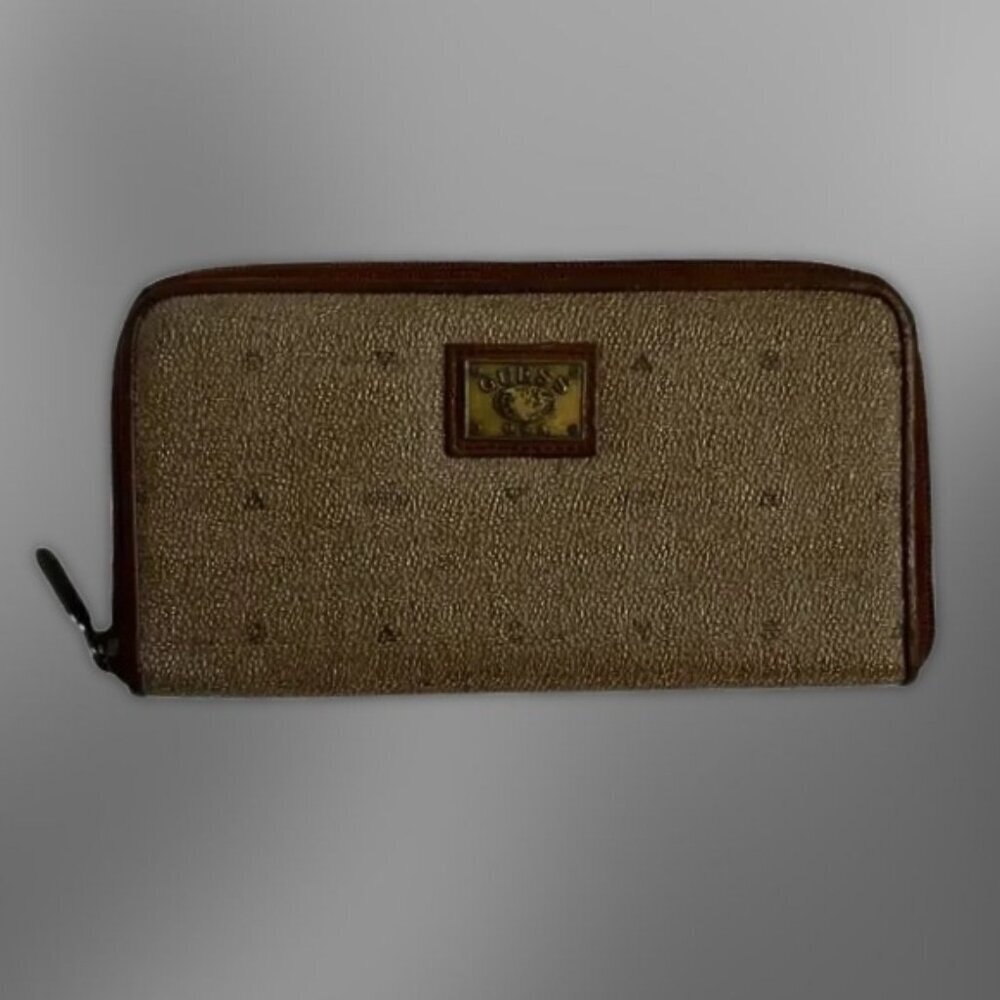 Guess Wallet Zip-Around Closure Multiple Compartments Compact Design Brown W OS